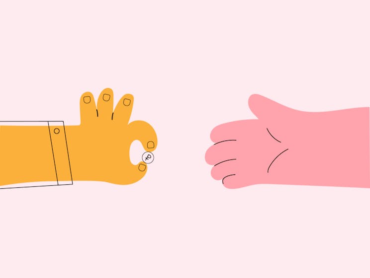 Illustration of a hand giving coin money to another hand.